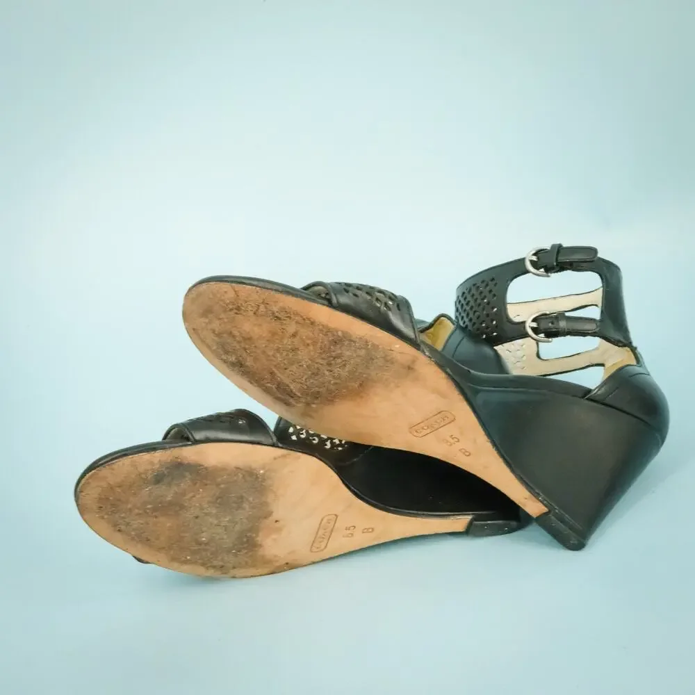 Coach Size 8.5 Black Lazer Cut Leather Strappy Ankle Strap Wedge Heel Sandals